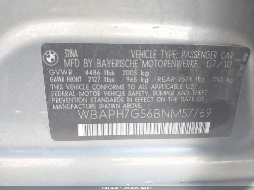 2011 BMW 3 series VIN WBAPH7G56BNM57769 IAAI salvage auction — ALL OVER, Salvage (Georgia), sold $1,000 on 2026-07-10 (photo 9)