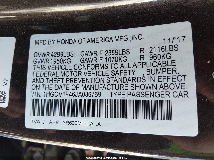 2018 Honda Accord VIN 1HGCV1F46JA036769 IAAI salvage auction — ROOF, Salvage (Kansas), sold $8,900 on 2026-07-31 (photo 9)