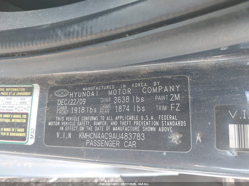 2010 Hyundai Accent VIN KMHCN4AC9AU483783 IAAI salvage auction — FRONT & REAR, Bill Of Sale (Washington), sold $500 on 2026-07-14 (photo 9)