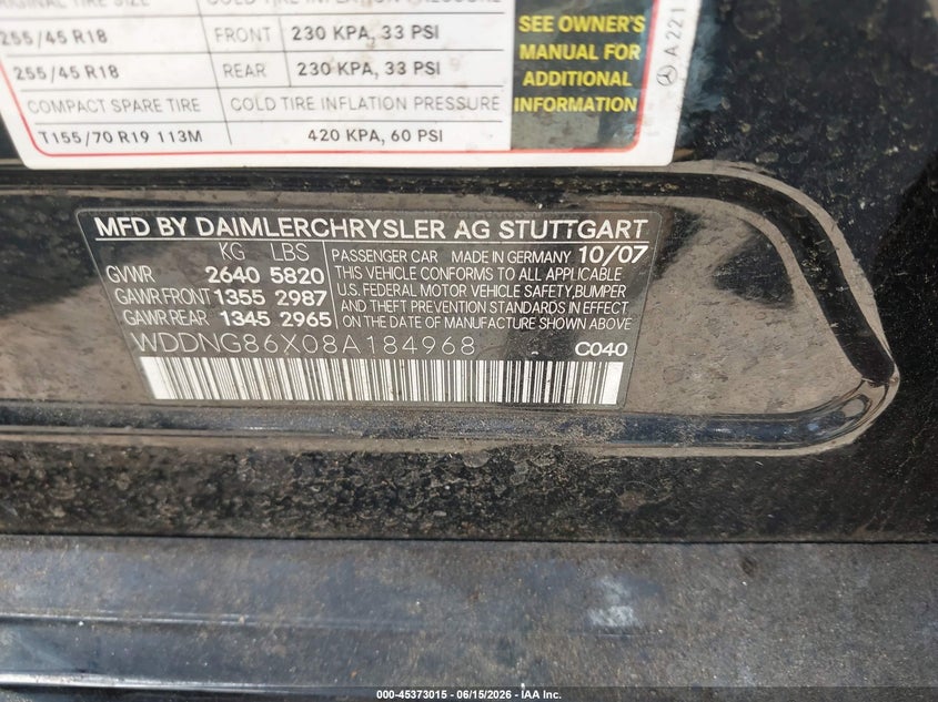 2008 Mercedes-benz S-klasse VIN WDDNG86X08A184968 IAAI salvage auction — FRONT END, Salvage - Greater Than 75% (Maryland), sold $475 on 2026-08-05 (photo 9)