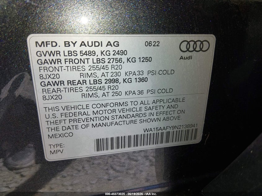 2022 Audi Q5 sportback VIN WA15AAFY9N2138941 IAAI salvage auction — REAR END, Salvage (Oregon), sold $20,400 on 2026-09-08 (photo 9)