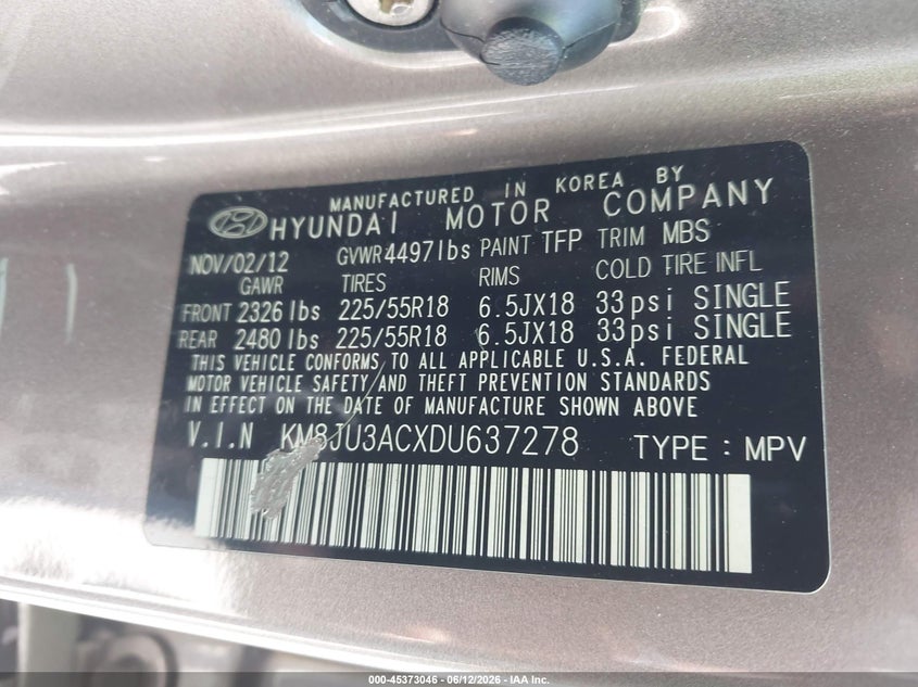 2013 Hyundai Tucson VIN KM8JU3ACXDU637278 IAAI salvage auction — LEFT SIDE, Salvage (California), sold $2,400 on 2026-07-08 (photo 9)
