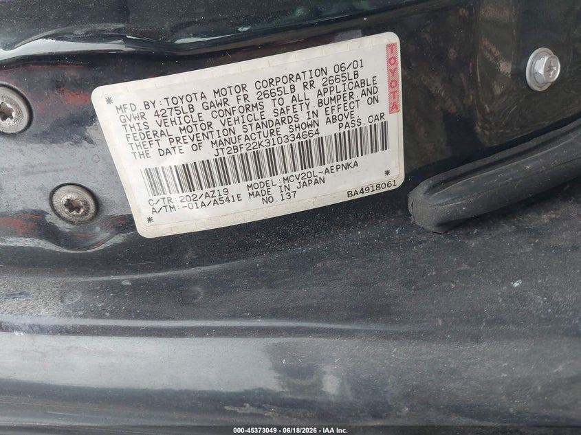 2001 Toyota Camry VIN JT2BF22K310334664 IAAI salvage auction — REAR END, Mv-907A (New York), sold $425 on 2026-07-07 (photo 9)