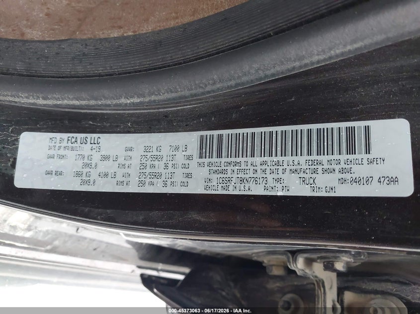2019 Ram 1500 VIN 1C6SRFJT8KN776173 IAAI salvage auction — REAR END, Salvage (Iowa), sold $11,600 on 2026-07-25 (photo 9)