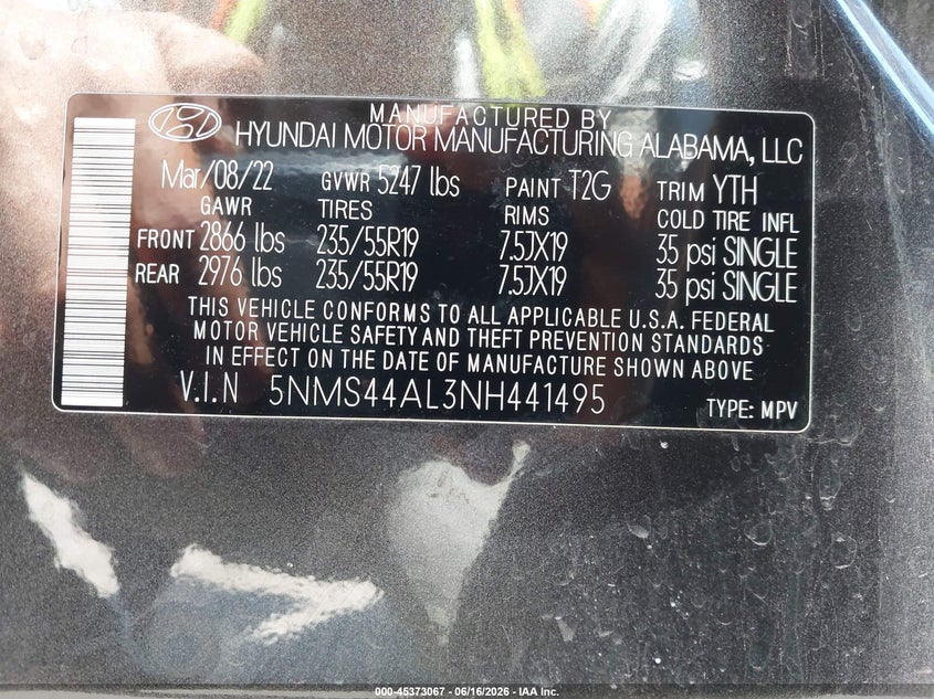 2022 Hyundai Santa fe VIN 5NMS44AL3NH441495 IAAI salvage auction — RIGHT REAR, Original (Texas), sold $7,200 on 2026-07-28 (photo 9)