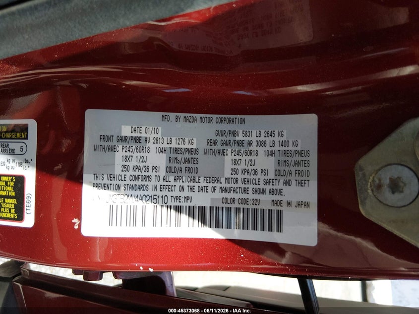 2010 Mazda Cx-9 VIN JM3TB2MV4A0215110 IAAI salvage auction — NORMAL WEAR, Clear (Nevada), sold $425 on 2026-07-17 (photo 9)