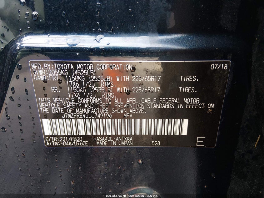 2018 Toyota Rav 4 VIN JTMZFREV2JJ749196 IAAI salvage auction — REAR END, Salvage (Missouri), sold $7,150 on 2026-07-14 (photo 9)
