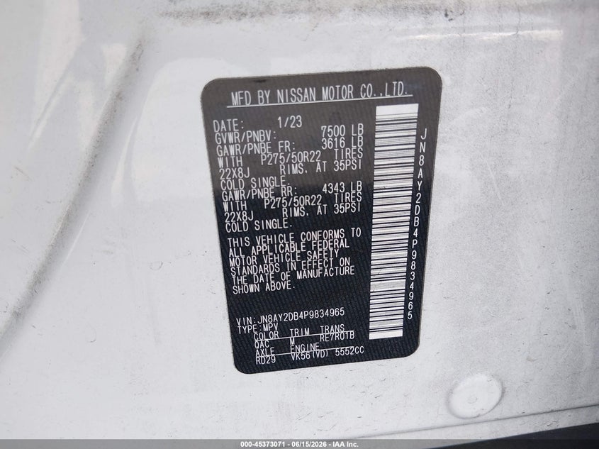 2023 Nissan Armada VIN JN8AY2DB4P9834965 IAAI salvage auction — Rear End, Clear (South Carolina), sold $22,600 on 2026-09-03 (photo 9)