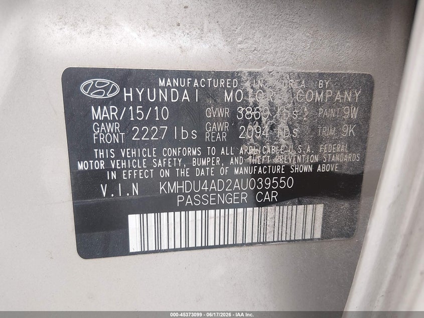 2010 Hyundai Elantra VIN KMHDU4AD2AU039550 IAAI salvage auction — LEFT SIDE, Salvage (Alabama), sold $250 on 2026-07-13 (photo 9)