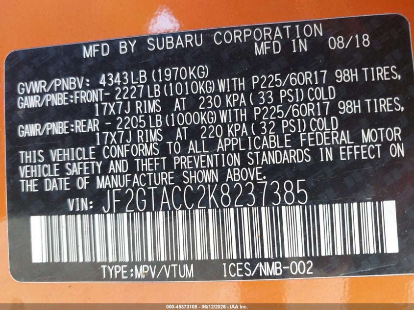 2019 Subaru Xv VIN JF2GTACC2K8237385 IAAI salvage auction — FRONT END, Clear (Wisconsin), sold $4,275 on 2026-07-09 (photo 9)