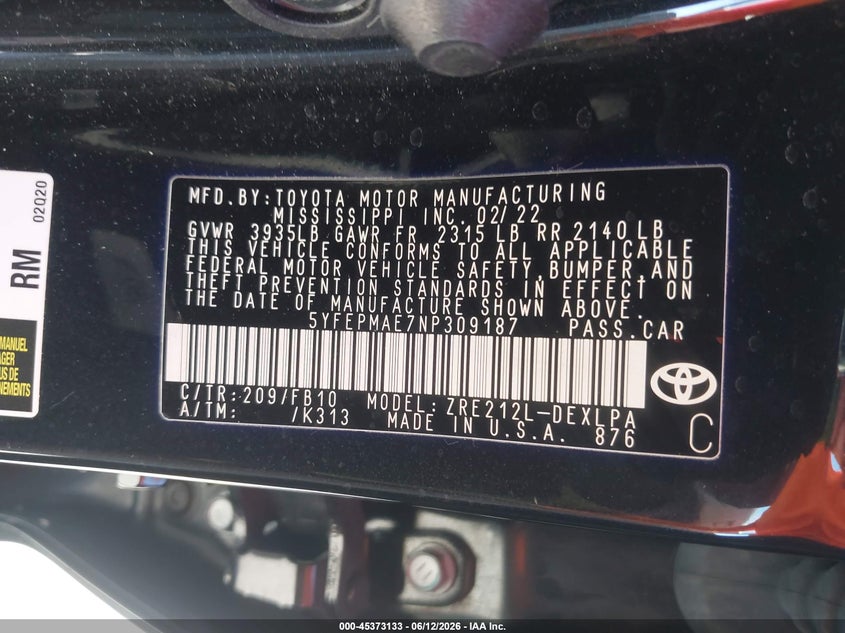 2022 Toyota Corolla VIN 5YFEPMAE7NP309187 IAAI salvage auction — FRONT END, Salvage (California), sold $3,450 on 2026-07-06 (photo 9)