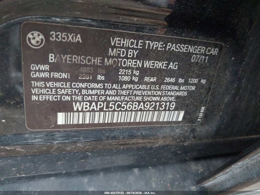 2011 BMW 3er VIN WBAPL5C56BA921319 IAAI salvage auction — FRONT & REAR, Mv-907A (New York), sold $675 on 2026-07-07 (photo 9)