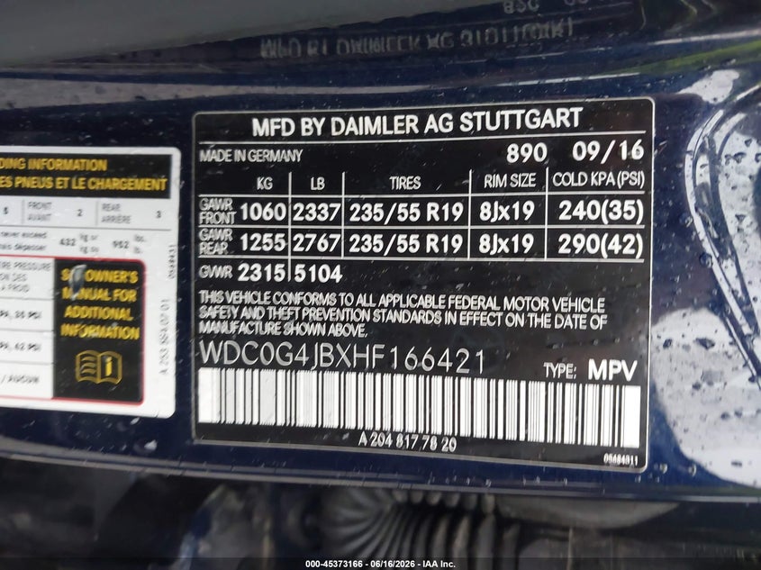 2017 Mercedes-benz Glc VIN WDC0G4JBXHF166421 IAAI salvage auction — FRONT END, Rebuildable (Florida), sold $4,050 on 2026-07-29 (photo 9)