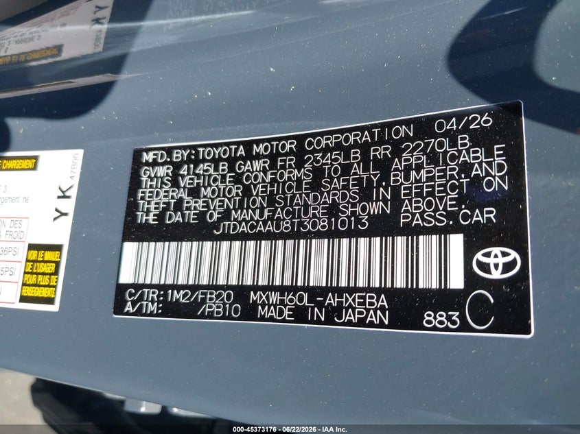2026 Toyota Prius VIN JTDACAAU8T3081013 IAAI salvage auction — FRONT & REAR, Salvage Certificate (California), sold $12,000 on 2026-07-12 (photo 9)