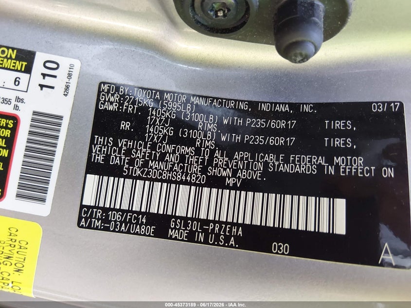 2017 Toyota Sienna VIN 5TDKZ3DC8HS844820 IAAI salvage auction — FRONT END, Salvage (Massachusetts), sold $1,700 on 2026-07-28 (photo 9)