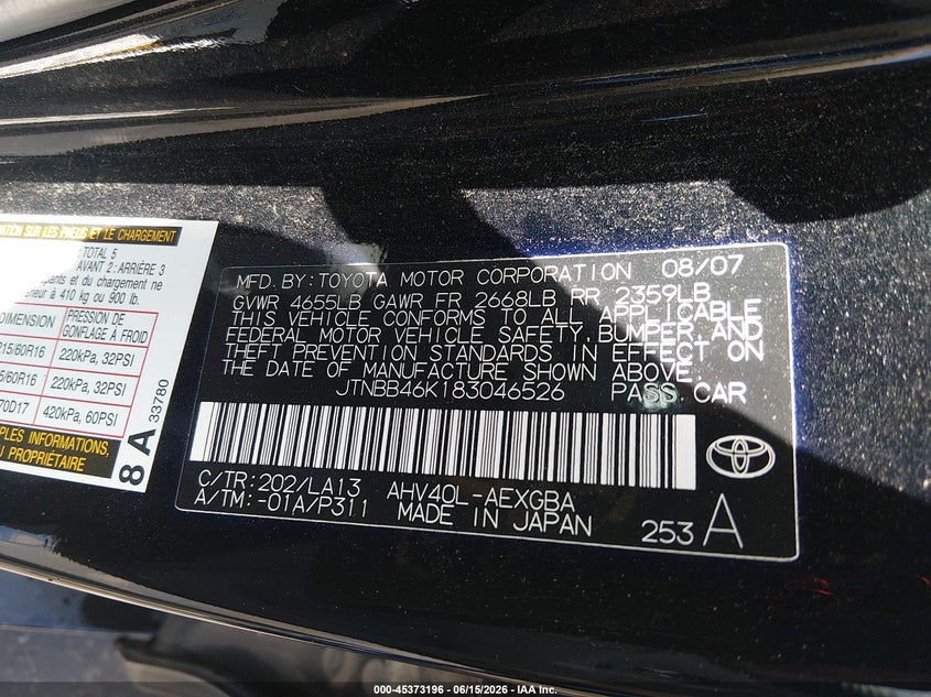 2008 Toyota Camry hybrid VIN JTNBB46K183046526 IAAI salvage auction — REAR END, Salvage (North Carolina), sold $275 on 2026-07-09 (photo 9)