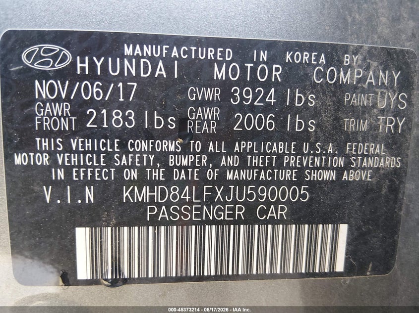2018 Hyundai Elantra VIN KMHD84LFXJU590005 IAAI salvage auction — FRONT END, Salvage (Missouri), sold $1,950 on 2026-07-29 (photo 9)