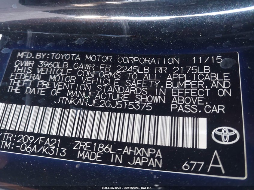 2016 Scion Im VIN JTNKARJE2GJ515375 IAAI salvage auction — LEFT SIDE, Salvage (California), sold $2,125 on 2026-07-14 (photo 9)