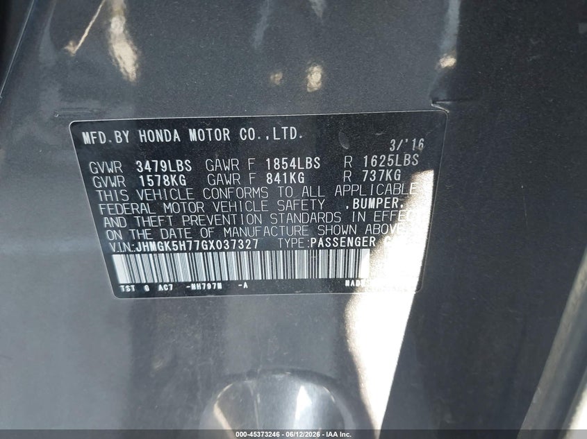 2016 Honda Fit VIN JHMGK5H77GX037327 IAAI salvage auction — RIGHT SIDE, Salvage (California), sold $1,100 on 2026-07-29 (photo 9)