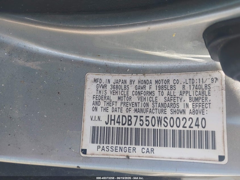 1998 Acura Integra VIN JH4DB7550WS002240 IAAI salvage auction — FRONT END, Clear (Virginia), sold $375 on 2026-07-12 (photo 9)