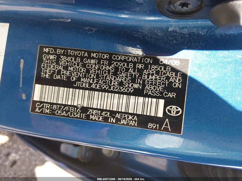 2009 Toyota Corolla VIN JTDBL40E99J023609 IAAI salvage auction — NORMAL WEAR, Original (Ohio), sold $750 on 2026-07-15 (photo 9)