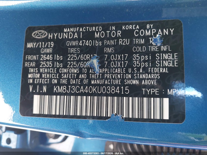 2019 Hyundai Tucson VIN KM8J3CA40KU038415 IAAI salvage auction — RIGHT SIDE, Mv-907A (New York), sold $3,750 on 2026-07-28 (photo 9)