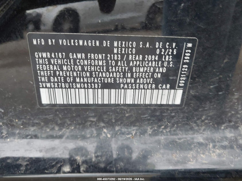 2025 Volkswagen Jetta VIN 3VW5X7BU1SM063387 IAAI salvage auction — HAIL, Original (Texas), sold $12,000 on 2026-08-19 (photo 9)