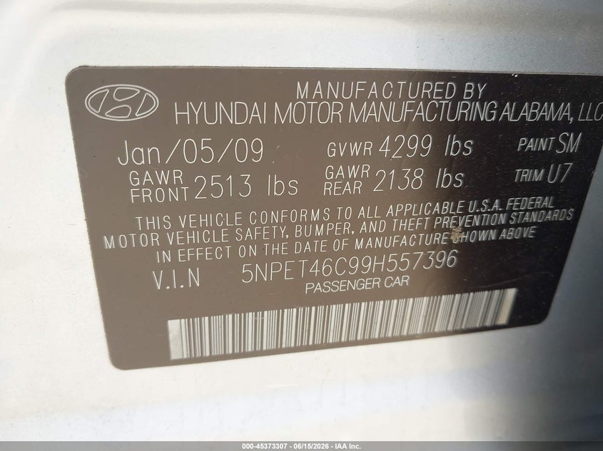 2009 Hyundai Sonata VIN 5NPET46C99H557396 IAAI salvage auction — RIGHT FRONT, Clear (Virginia), sold $1,150 on 2026-07-20 (photo 9)