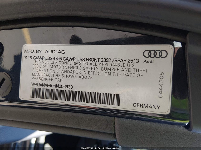 2017 Audi A4 VIN WAUANAF40HN006933 IAAI salvage auction — RIGHT FRONT, Salvage (South Carolina), sold $1,000 on 2026-07-30 (photo 9)