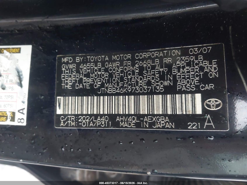 2007 Toyota Camry hybrid VIN JTNBB46K973037135 IAAI salvage auction — ELECTRICAL, Original (Texas), sold $425 on 2026-07-29 (photo 9)