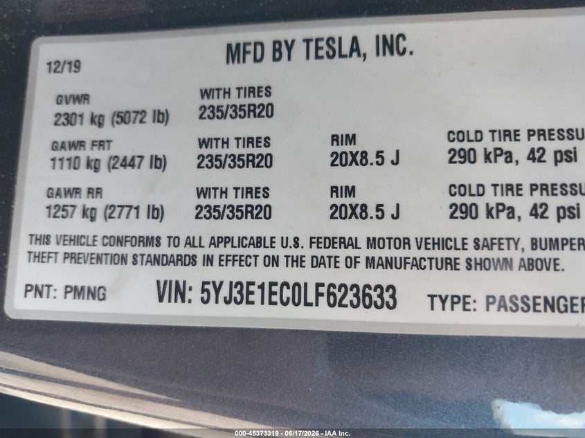 2020 Tesla Model 3 VIN 5YJ3E1EC0LF623633 IAAI salvage auction — REAR END, Salvage (Virginia), sold $7,600 on 2026-07-06 (photo 9)