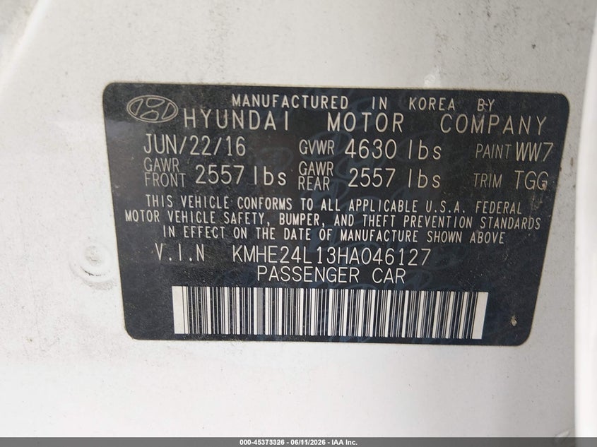 2017 Hyundai Sonata hybrid VIN KMHE24L13HA046127 IAAI salvage auction — ALL OVER, Sf97 (Louisiana), sold $6,000 on 2026-08-03 (photo 9)