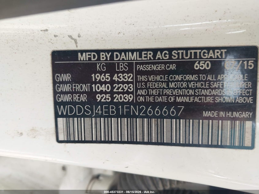 2015 Mercedes-benz Cla-klasse VIN WDDSJ4EB1FN266667 IAAI salvage auction — FRONT END, Salvage (Alabama), sold $1,050 on 2026-08-11 (photo 9)