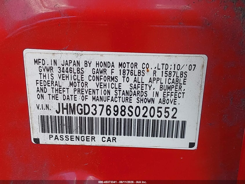 2008 Honda Fit VIN JHMGD37698S020552 IAAI salvage auction — FRONT END, Rebuildable (Florida), sold $850 on 2026-07-13 (photo 9)