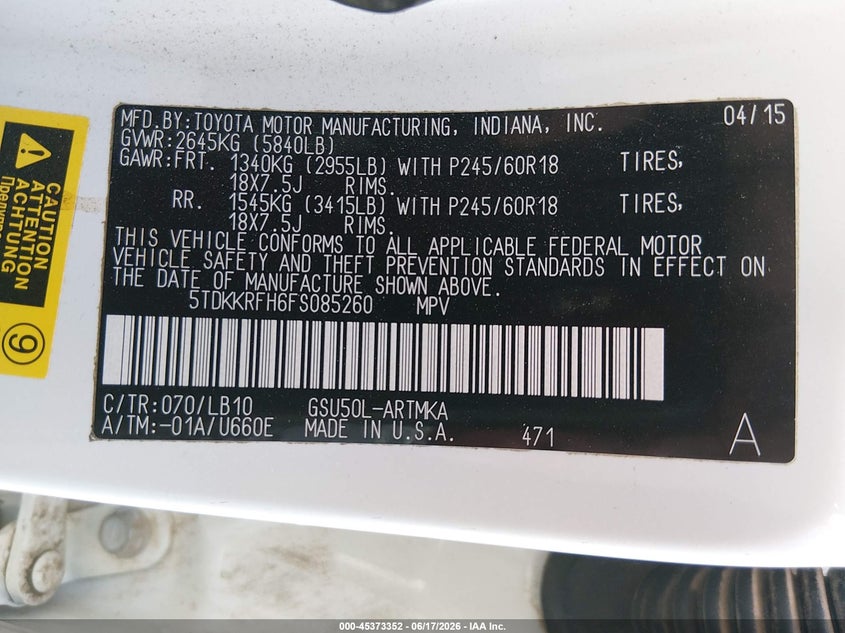 2015 Toyota Highlander VIN 5TDKKRFH6FS085260 IAAI salvage auction — FRONT END, Salvage (New Mexico), sold $5,600 on 2026-07-20 (photo 9)
