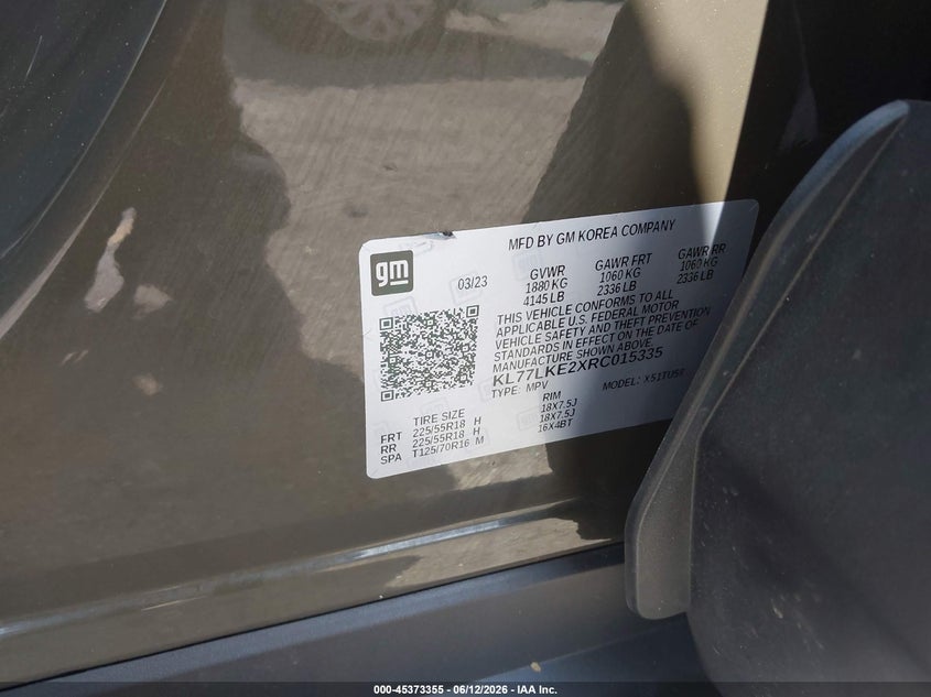 2024 Chevrolet Trax VIN KL77LKE2XRC015335 IAAI salvage auction — FRONT END, Certificate Of Destruction (Florida), sold $9,200 on 2026-07-08 (photo 9)
