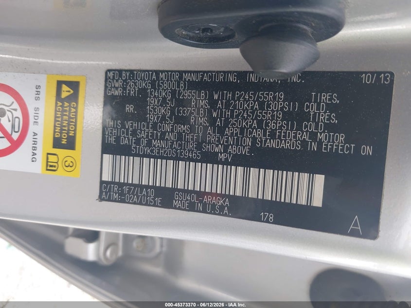 2013 Toyota Highlander VIN 5TDYK3EH2DS139465 IAAI salvage auction — FRONT END, Salvage (Georgia), sold $4,650 on 2026-07-14 (photo 9)