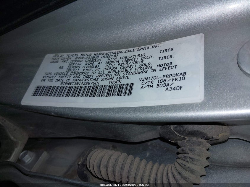 2004 Toyota Tacoma VIN 5TEHN72N14Z367601 IAAI salvage auction — FRONT & REAR, Salvage (Idaho), sold $6,100 on 2026-07-24 (photo 9)