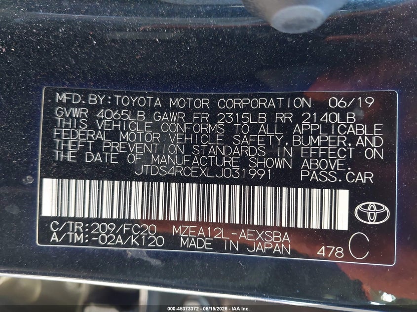 2020 Toyota Corolla VIN JTDS4RCEXLJ031991 IAAI salvage auction — FRONT END, Salvage (California), sold $4,200 on 2026-07-07 (photo 9)