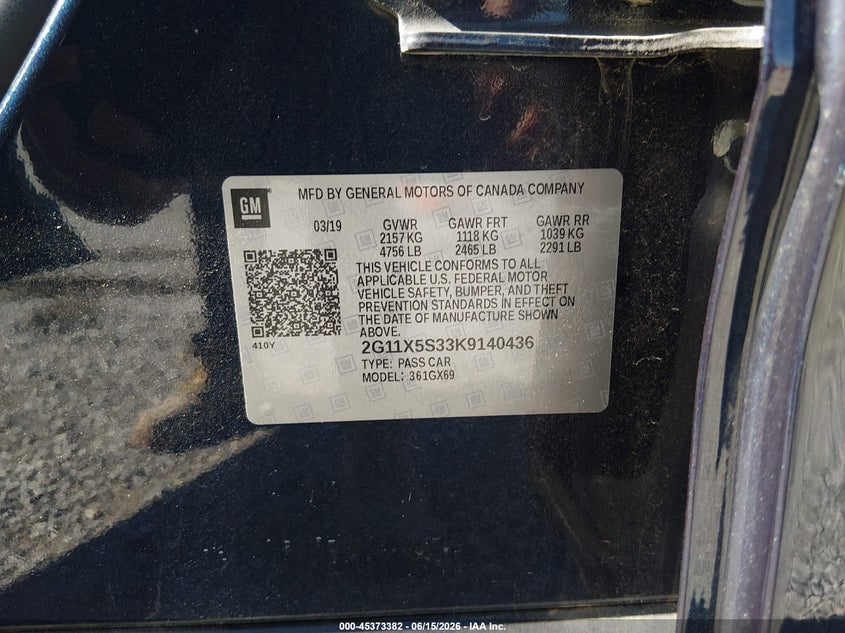 2019 Chevrolet Impala VIN 2G11X5S33K9140436 IAAI salvage auction — NORMAL WEAR, Sf97 (Missouri), sold $18,950 on 2026-08-06 (photo 9)