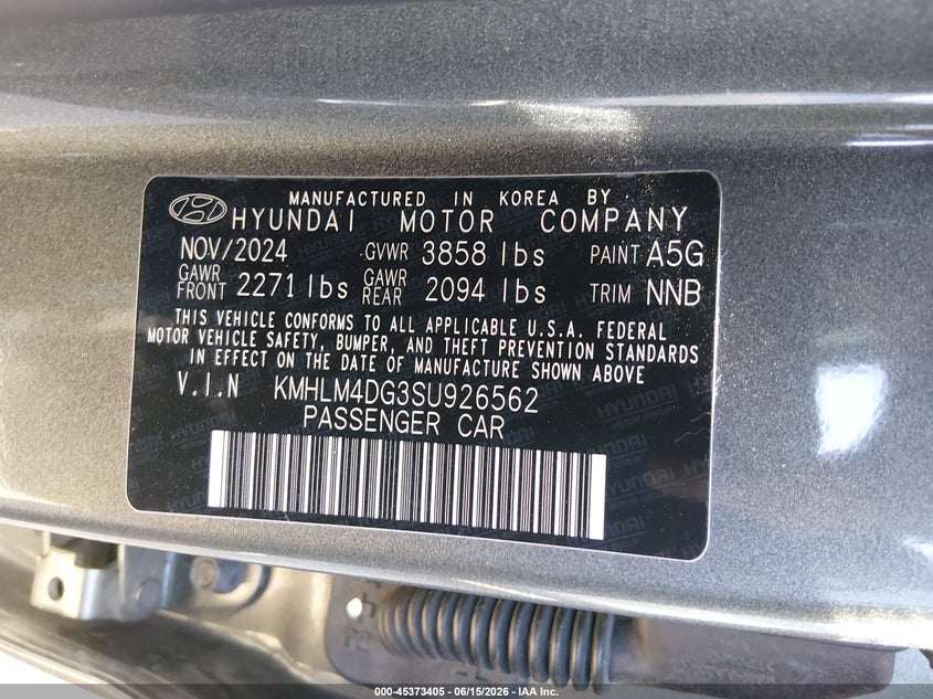2025 Hyundai Elantra VIN KMHLM4DG3SU926562 IAAI salvage auction — REAR END, Salvage (Kansas), sold $4,050 on 2026-07-15 (photo 9)