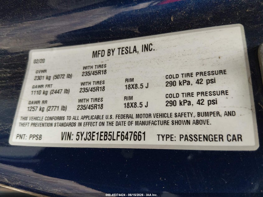 2020 Tesla Model 3 VIN 5YJ3E1EB5LF647661 IAAI salvage auction — FRONT END, Salvage (Ohio), sold $1,975 on 2026-07-30 (photo 9)