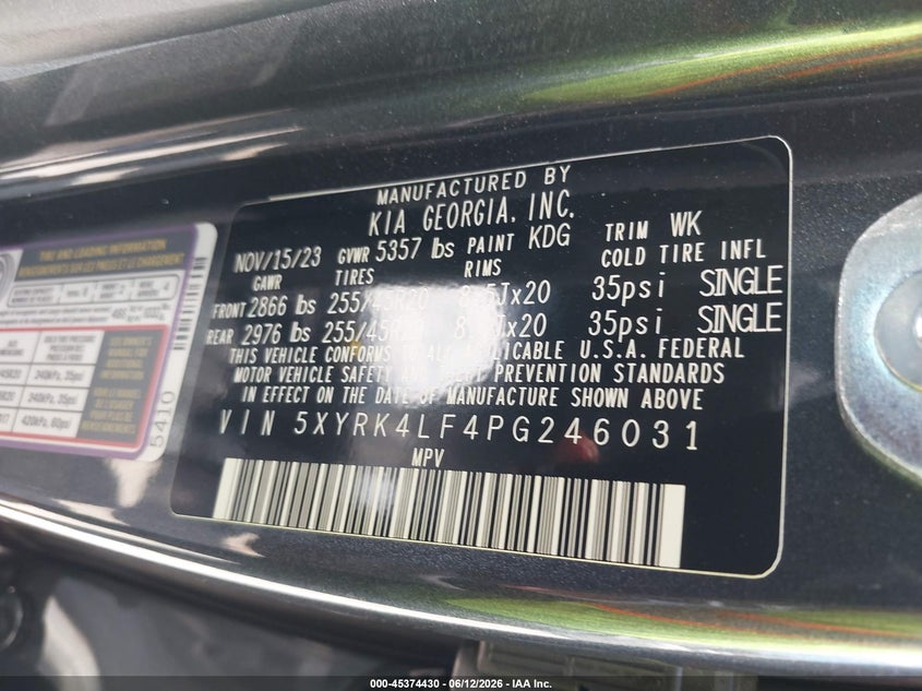 2023 Kia Sorento VIN 5XYRK4LF4PG246031 IAAI salvage auction — SIDE, Salvage Title, sold $5,300 on 2026-07-28 (photo 9)