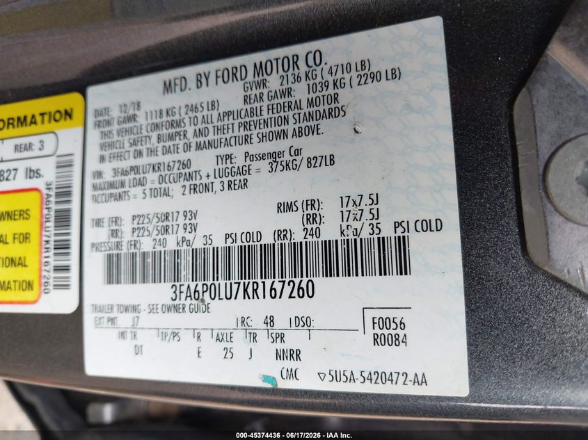 2019 Ford VIN 3FA6P0LU7KR167260 IAAI salvage auction — FRONT END, Salvage Title, sold $2,000 on 2026-07-26 (photo 9)