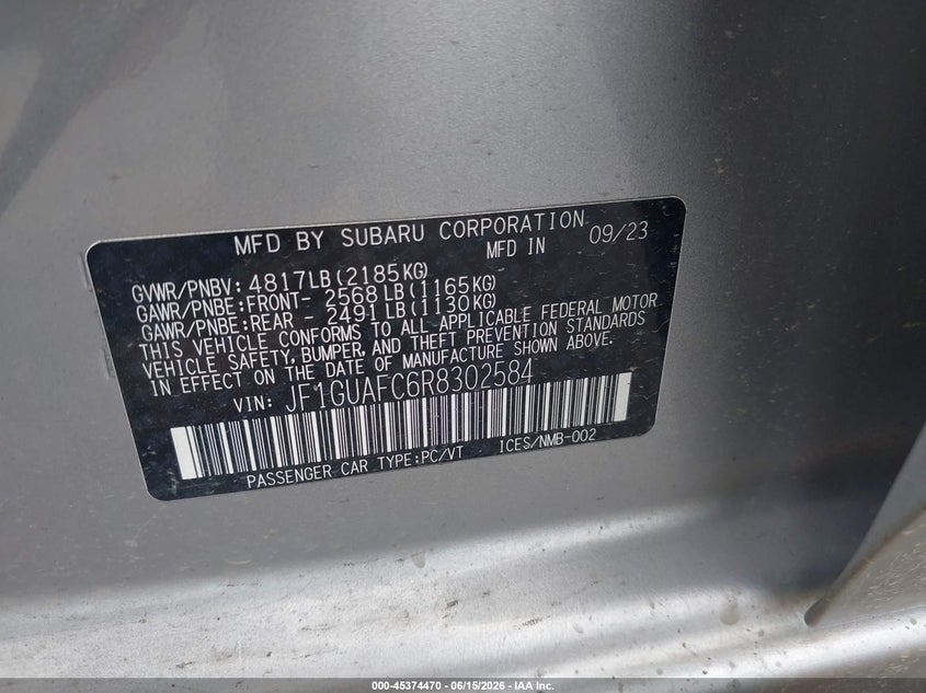 2024 Subaru Impreza VIN JF1GUAFC6R8302584 IAAI salvage auction — FRONT END, Salvage (Virginia), sold $1,250 on 2026-07-28 (photo 9)
