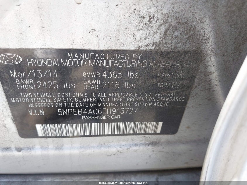 2014 Hyundai Sonata VIN 5NPEB4AC6EH913727 IAAI salvage auction — SIDE, Salvage (Oregon), sold $650 on 2026-07-31 (photo 9)