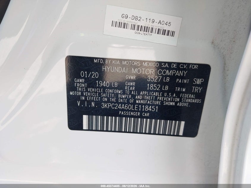 2020 Hyundai Accent VIN 3KPC24A60LE118451 IAAI salvage auction — NORMAL WEAR, Sf97 (California), sold $8,500 on 2026-07-28 (photo 9)