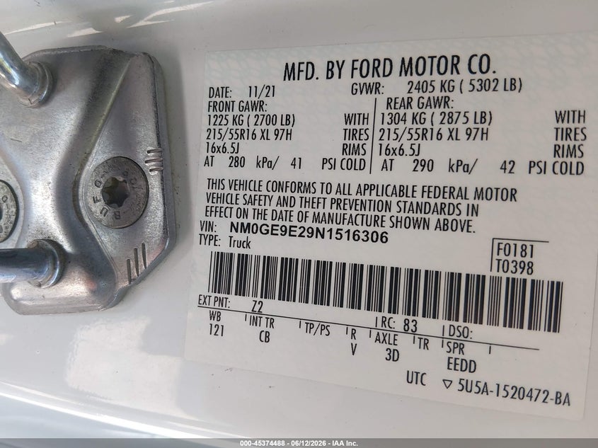 2022 Ford Transit connect VIN NM0GE9E29N1516306 IAAI salvage auction — NORMAL WEAR, SF97 (California), sold $15,700 on 2026-07-28 (photo 9)