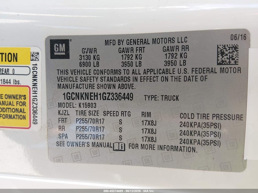 2016 Chevrolet Silverado 1500 VIN 1GCNKNEH1GZ336449 IAAI salvage auction — NORMAL WEAR, Sf97 (California), sold $10,700 on 2026-07-28 (photo 9)