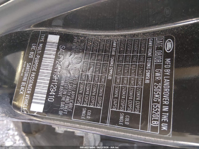 2009 Land rover Lr2 VIN SALFT24N19H129410 IAAI salvage auction — FRONT END, Bill Of Sale (New York), sold $475 on 2026-07-14 (photo 9)